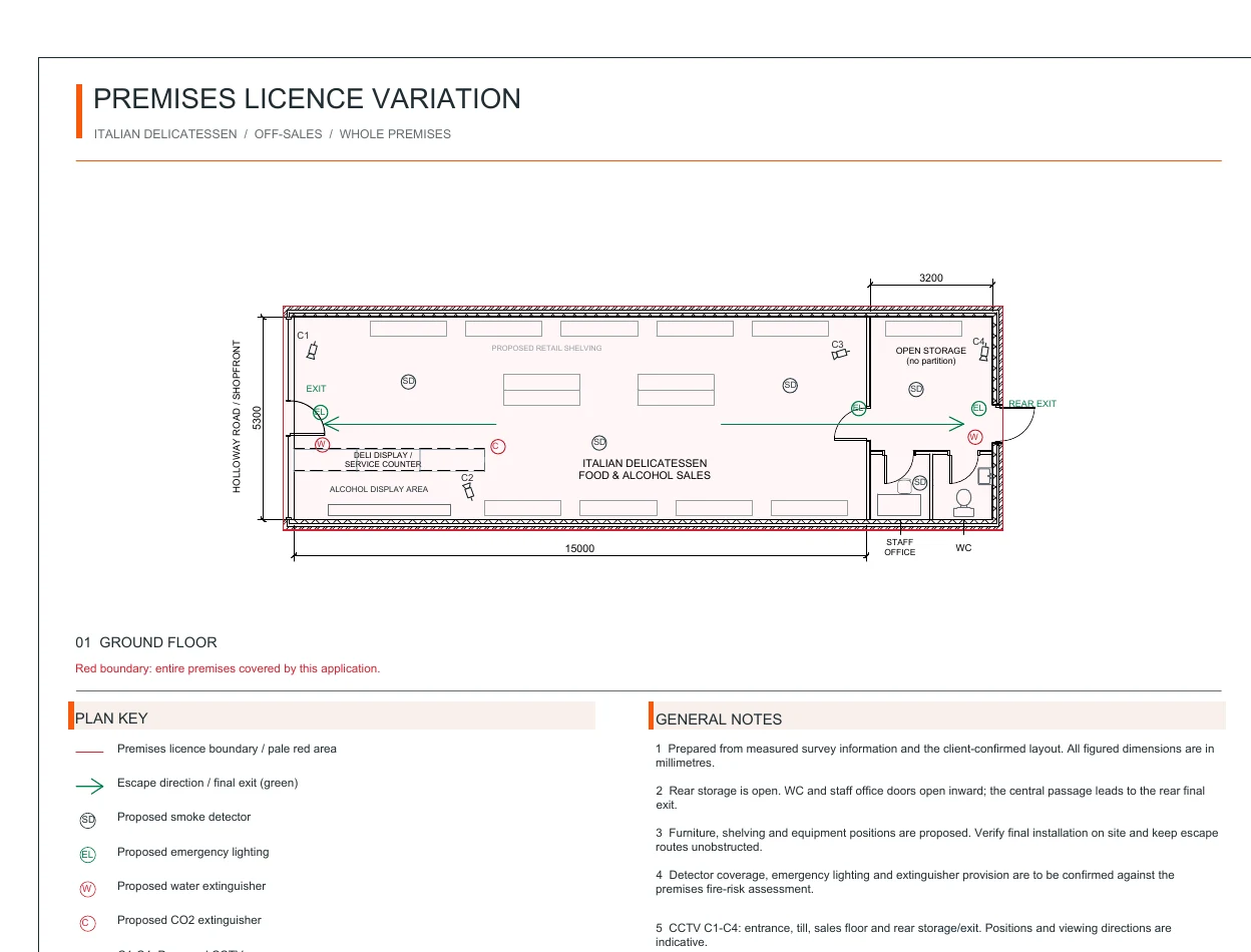 Delicatessen licensing plan and 3D presentation drawing extract