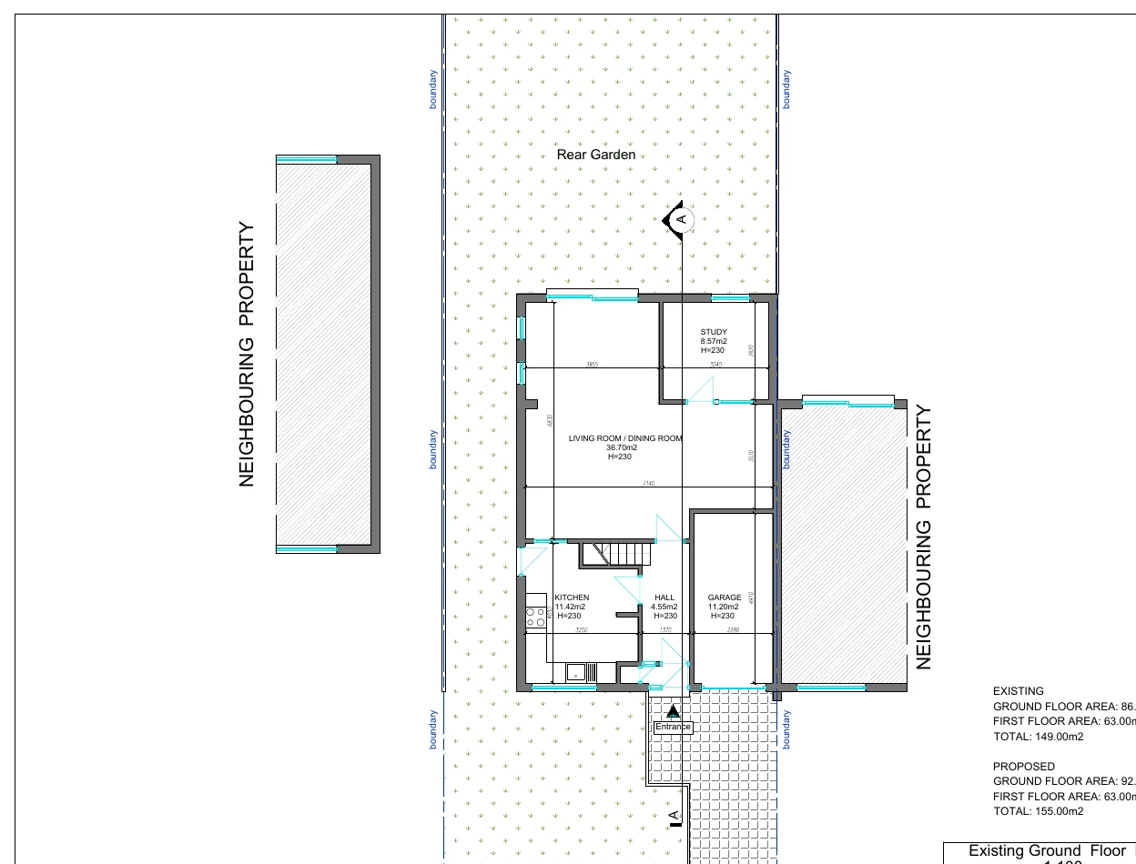 Front extension and garage conversion drawing extract